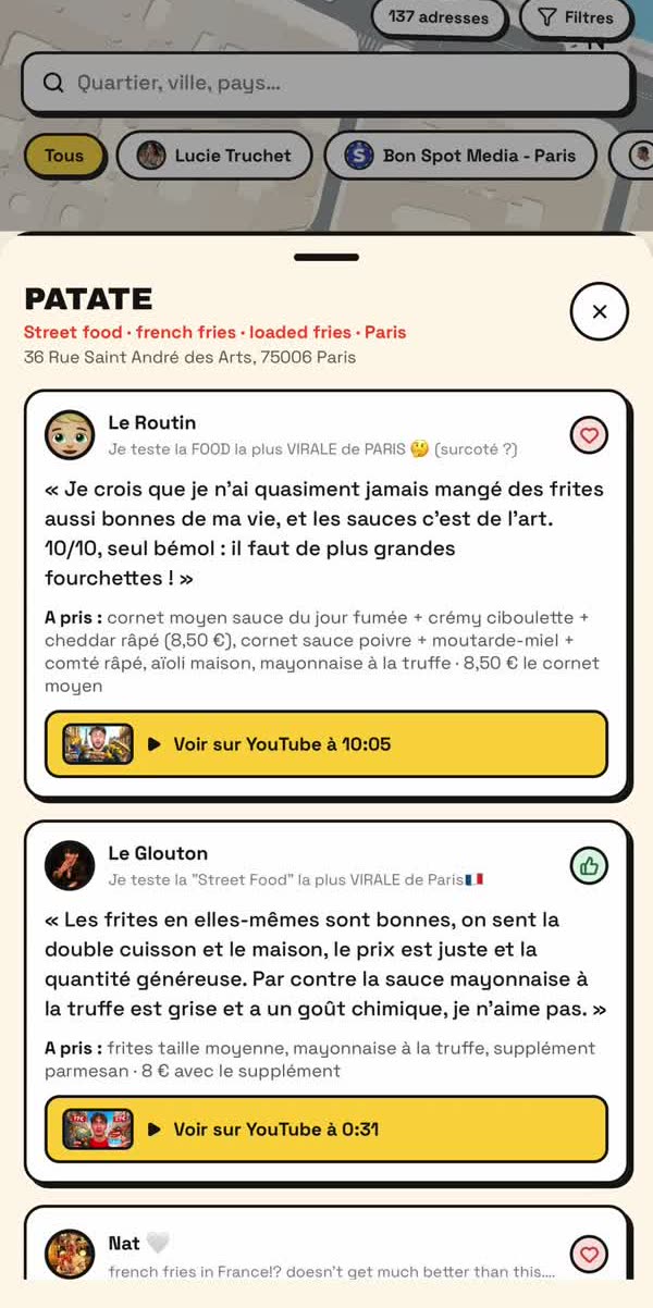 Fiche d'un restaurant avec les verdicts de trois créateurs et le lien vers leur vidéo