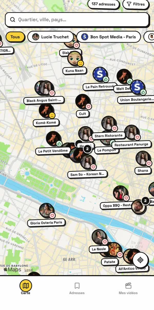 La carte DelicioMap pleine de pins, chacun avec la tête du créateur qui recommande l'adresse