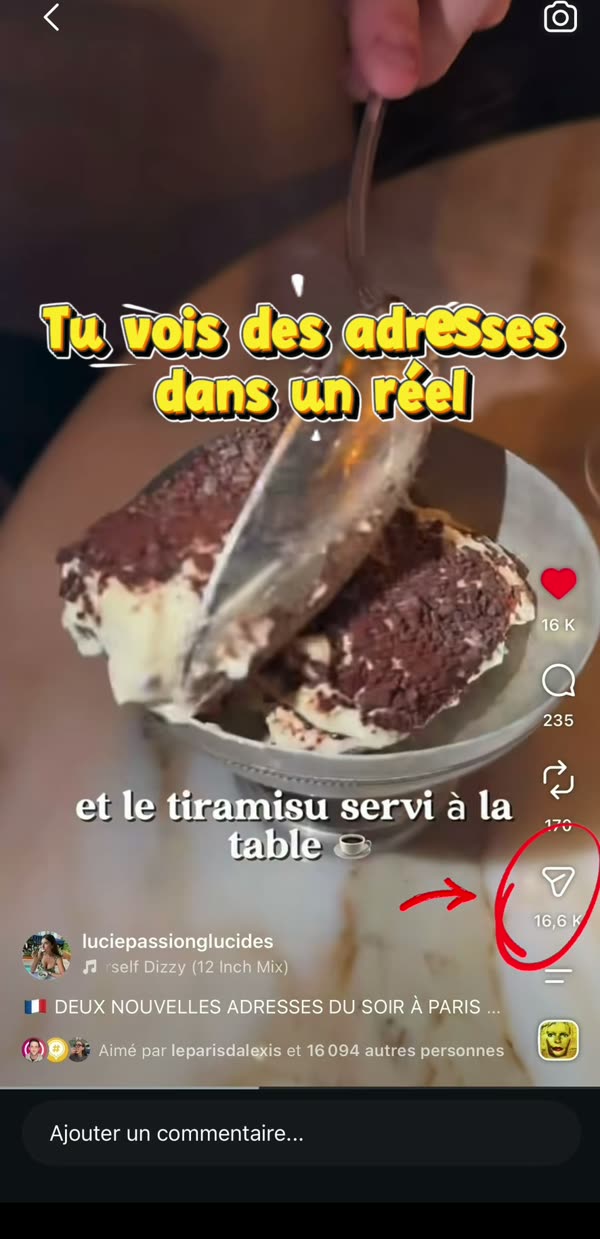 Un reel de restaurant sur Instagram, flèche vers le bouton Partager