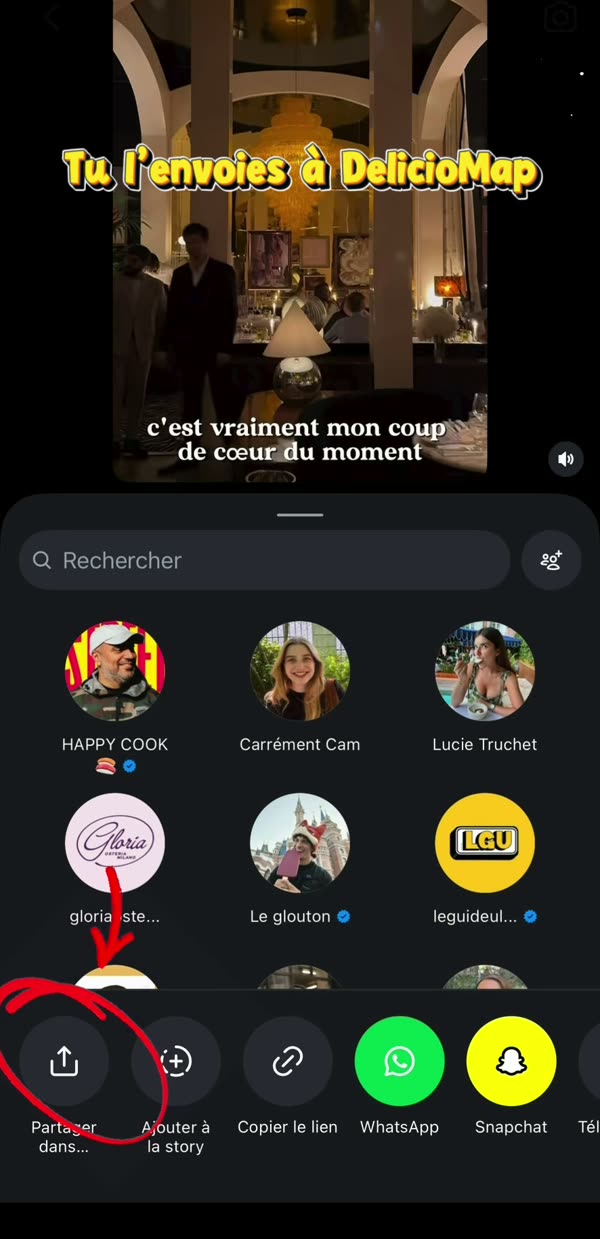 Feuille de partage Instagram, cercle sur Partager dans…