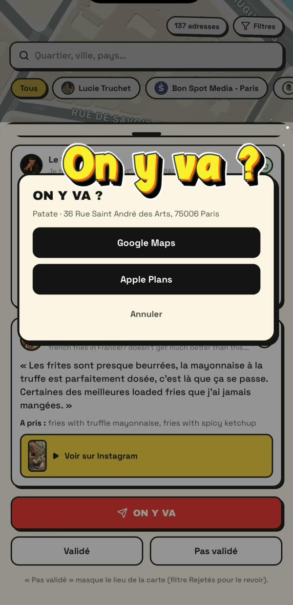Fiche du restaurant avec le bouton On y va, choix Google Maps ou Apple Plans